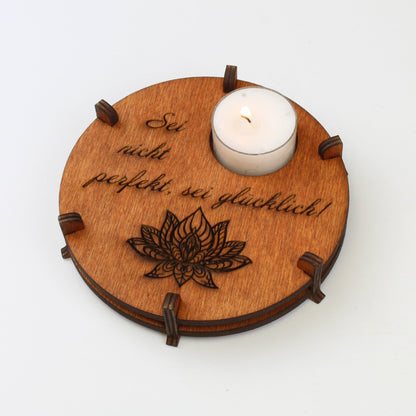 Teelichthalter Spruch "Glücklich", Holz - Nanino Design Onlineshop -