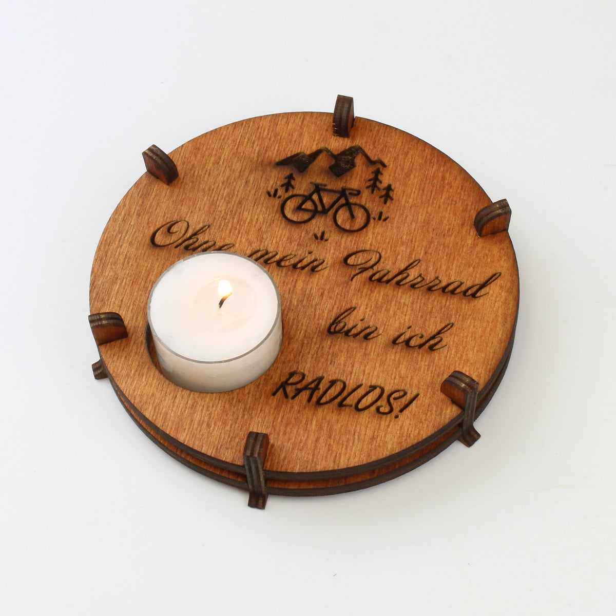 Teelichthalter Spruch "Radlos", Holz - Nanino Design Onlineshop -