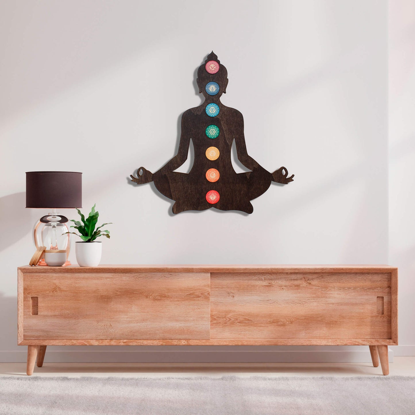 Wandbild Holz "Meditierender Buddha mit 7 Chakren" - Nanino Design Onlineshop -