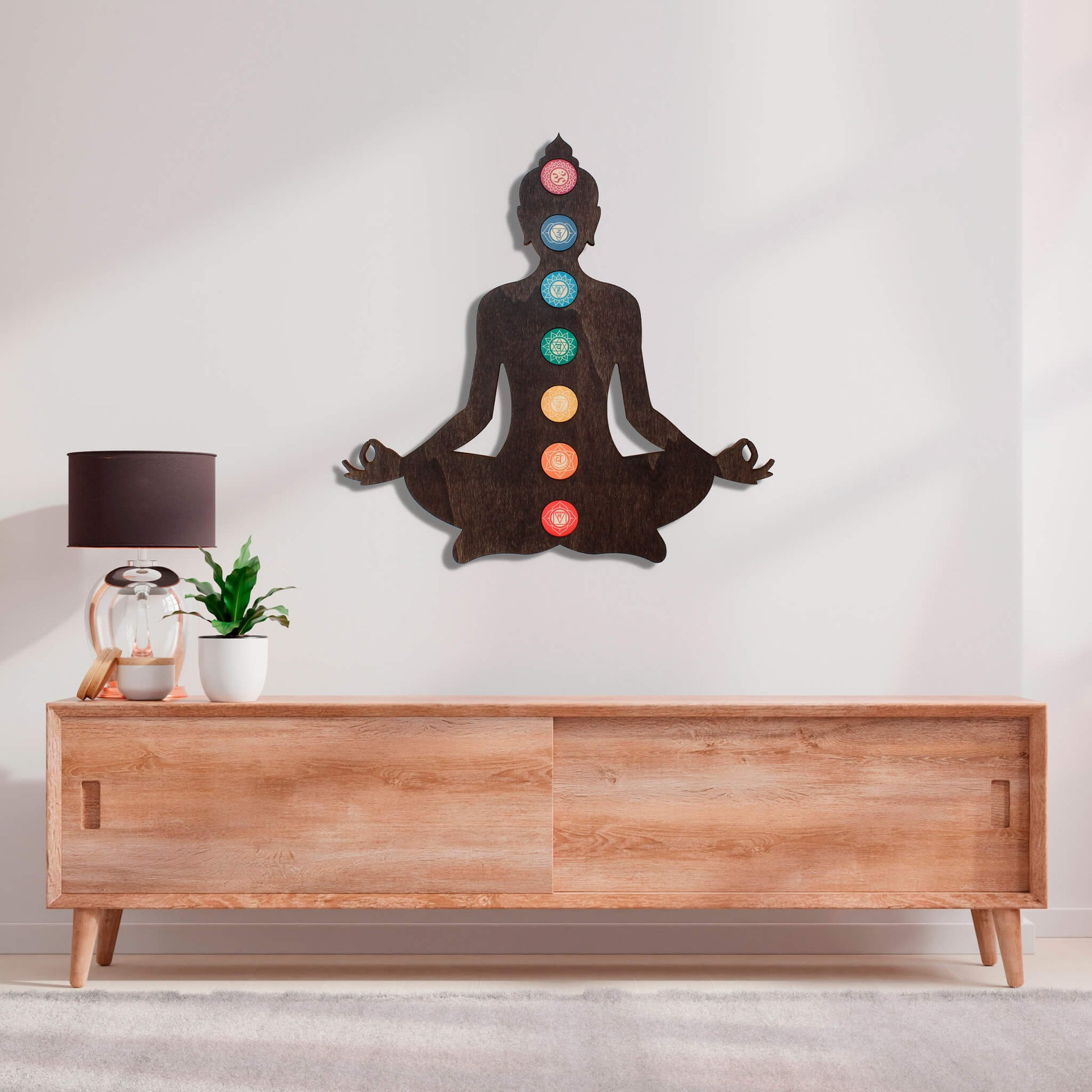 Wandbild Holz "Meditierender Buddha mit 7 Chakren" - Nanino Design Onlineshop -