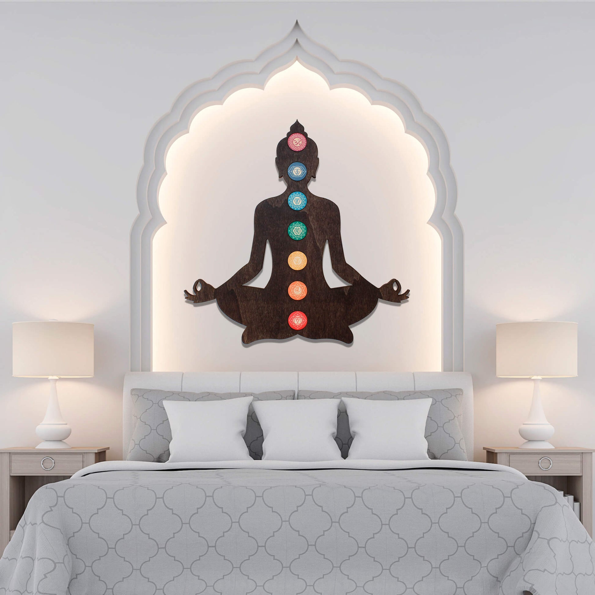 Wandbild Holz "Meditierender Buddha mit 7 Chakren" - Nanino Design Onlineshop -